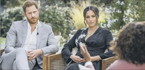  ??  ?? BOMBSHELL INTERVIEW Prince Harry and Meghan, Duchess of Sussex, in conversati­on with Oprah Winfrey. Inset, from left: Aston Campbell, Marion Bowyer and Ann Lennon