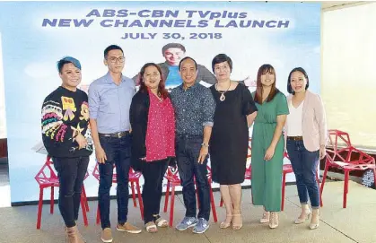  ??  ?? From left: DJ Jhai Ho, ABS-CBN TVplus product manager Alvin Ebrada, Asianovela Channel channel producer Carlota Rosales, Movie Central channel head Ronald Arguelles, Jeepney TV channel head Cindy de Leon, VJ Ai and O Shopping business developmen­t head Paper Reyno