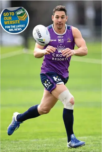  ?? PHOTO: JULIAN SMITH ?? SORE POINT: Billy Slater strides out at training but is in doubt for the Storm’s opening-round clash against the Bulldogs.