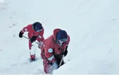  ??  ?? Members of the BBC team creating a ramp for the surviving penguins to find safety