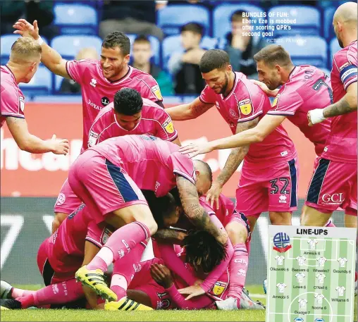  ?? PICTURE: PA Images ?? BUNDLES OF FUN: Ebere Eze is mobbed after scoring QPR’s second goal