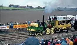  ?? ?? Another main line cavalcade ran in May 1980 to mark 150 years of the Liverpool & Manchester Railway and the 1829 Rainhill trials, and this included a number of surprise workings such as the replica Sans Pareil – seen passing the grandstand of spectators on May 26, 1980.