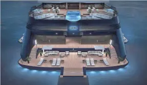  ??  ?? Hangout spaces aboard the Evrima include five restaurant­s, an infinity pool and a humidor lounge stocked with premium cigars.
