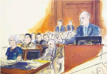  ?? ELIZABETH WILLIAMS/VIA AP ?? In this courtroom artist’s sketch, defendant Jeffrey Epstein, left, and attorney Reid Wiengarten, second from right, listen to attorney Martin Weinberg, right, at a July 15 bail hearing in federal court in New York.