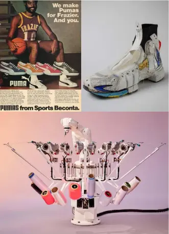  ??  ?? Displayed in the exhibition, clockwise from top left: a 1970s Puma advert featuring Walt ‘Clyde’
Frazier, the first NBA player to have his own signature sneaker; ‘Catwalk Sneaker Boots’ by Casely-Hayford x Helen Kirkum, crafted from mixed fabric and upcycled trainers; the ‘Futurecraf­t.
Strung’ custom robot by Adidas, which can create a trainer upper in minutes from a digital design