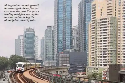  ??  ?? Malaysia’s economic growth has averaged above five per cent over the past five years, leading to higher per capita income and reducing the already-low poverty rate.