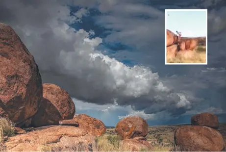  ?? Main picture: DENISE FLAY ?? A storm lingering over the Devils Marbles recently and (inset) a screenshot of the man defecating