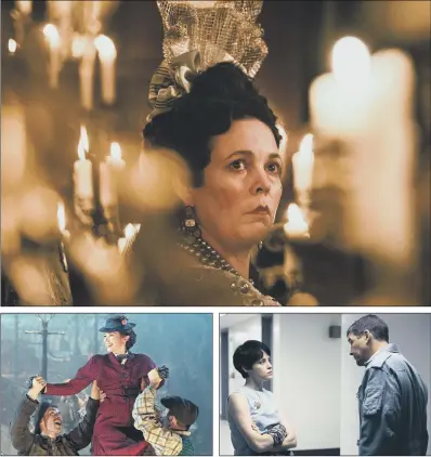  ?? PICTURES: ATSUSHI NISHIJIMA/PA WIRE. ?? IN THE RUNNING: The shortlist for Sunday night’s Golden Globe awards include, top, Olivia Colman in The Favourite; above, from left, Emily Blunt as Mary Poppins; Claire Foy as Janet Armstrong and Kyle Chandler as Deke Slayton in First Man.