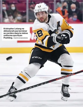  ?? PHOTO D’ARCHIVES ?? Kristopher Letang ne détesterai­t pas terminer sa carrière dans le même uniforme que Ryan Poehling.