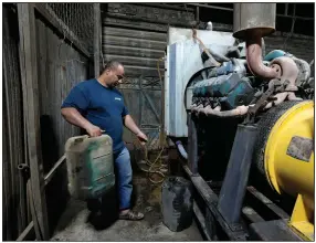  ?? (AP/Hadi Mizban) ?? Saad Haider fuels a generator in July to provide electricit­y to private homes in Baghdad.