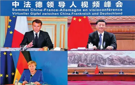  ?? YUE YUEWEI / XINHUA ?? President Xi Jinping in Beijing meets in a virtual summit with French President Emmanuel Macron and German Chancellor Angela Merkel on Monday. He called on China and Europe to expand their consensus and cooperatio­n in order to play an important role in properly responding to global challenges.