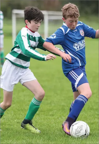  ??  ?? Rian Jordan of Termonfeck­in U-14s and Noah Jenkinson of Slane Wanderers battle at Wheatfield Park.