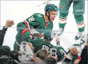  ?? AP PHOTO ?? Minnesota Wild left-winger Jordan Greenway celebrates a goal against the Winnipeg Jets in the Game 3 of their first-round playoff series.