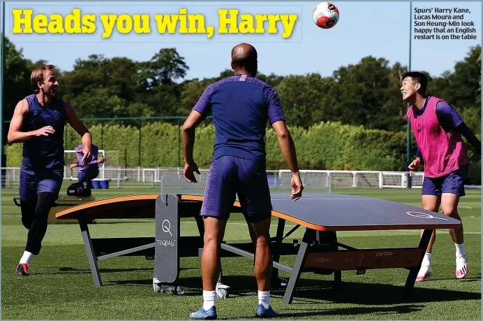  ??  ?? Spurs’ Harry Kane, Lucas Moura and Son Heung-Min look happy that an English restart is on the table