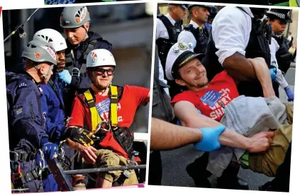  ??  ?? Left: Jack Mace is removed from the boat. Right: Now in a captain’s hat, he is taken away