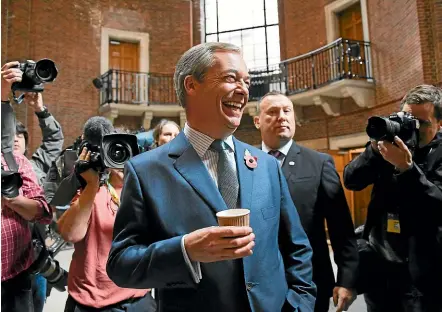  ?? AP ?? Nigel Farage is demanding that Boris Johnson scrap the withdrawal deal he negotiated with the EU and forge a ‘‘leave alliance’’ with the Brexit Party, or Farage’s party will field candidates throughout Britain in next month’s general election, in a bid to lure voters away from Johnson’s Conservati­ves.