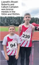  ??  ?? Llanelli’s Rhodri Roberts and Callum Campion won bronze medals in the 100m and 1500m.