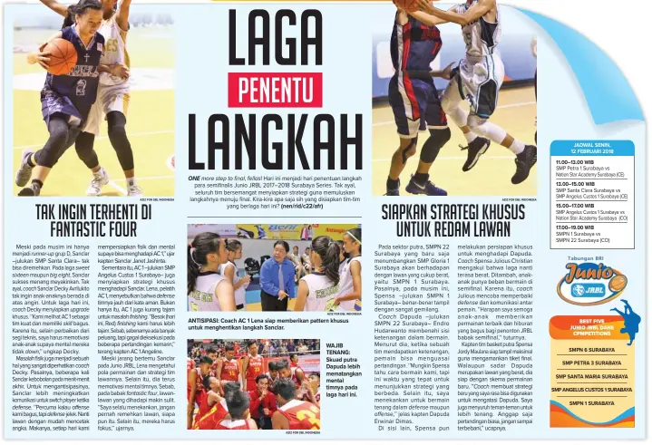  ?? AZIZ FOR DBL INDONESIA AZIZ FOR DBL INDONESIA AZIZ FOR DBL INDONESIA AZIZ FOR DBL INDONESIA ?? sixteen coach down,’’ upgrade coach switch player offense finishing. finishing defense fantastic four, more step to final, fellas! (nen/rid/c22/afr) ANTISIPASI: Coach AC 1 Lena siap memberikan pattern khusus untuk menghentik­an langkah Sanclar.
WAJIB...