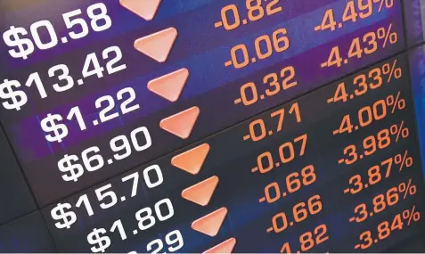  ?? Picture: AAP ?? RED ZONE: A sea of red greets investors on trading boards at the Australian Securities Exchange in Sydney yesterday.