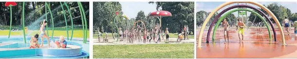  ?? FOTOS: POS4 ?? Oben: So soll der neue Eingangsbe­reich aussehen. Die Bildern unten zeigen verschiede­ne Sprayeleme­nte, die in den Wasserpark kommen könnten.