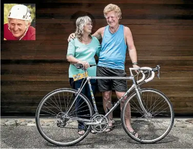  ?? PHOTO: BRADEN FASTIER/STUFF ?? Colleen Woodley with her son Kelvin Woodley, and her husband Ted’s (inset photo) racing bike.