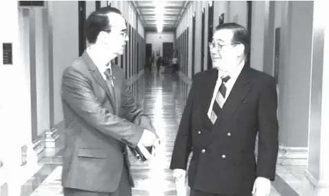  ?? DFA PHOTO ?? This photo sent to reporters on Oct. 12, 2018 shows Foreign Affairs Secretary Alan Peter Cayetano talking with Ambassador to the United Nations Teddy Locsin at the Russell Senate Office Building in Washington DC last year after meeting the late Sen. John McCain. Locsin will take over the top DFA post, which will be considered vacant once Cayetano files his candidacy for Taguig City representa­tive.