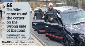  ??  ?? SMASH Star exits his dented Mini Picture: MailOnline / Solo Syndicatio­n