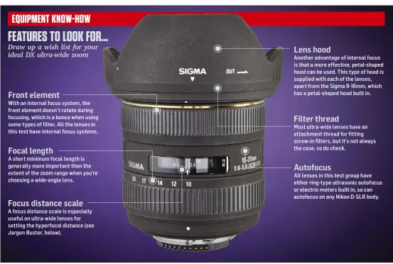  ??  ?? Front element
With an internal focus system, the front element doesn’t rotate during focusing, which is a bonus when using some types of filter. All the lenses in this test have internal focus systems.
Focal length
A short minimum focal length is...