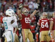  ?? JANE TYSKA — BAY AREA NEWS GROUP ?? The San Francisco 49ers' Mike Mcglinchey (69) celebrates in the fourth quarter against the Miami Dolphins at Levi's Stadium in Santa Clara on Sunday, Dec. 4, 2022.