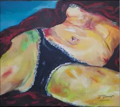  ?? (Photos DR) ?? Ci-dessus, le tableau sur lequel l’artiste a peint un sous-vêtement sur le sexe de la figurante. Ci-dessous, l’autre version, avec cette fois un vrai sous-vêtement rajouté directemen­t sur l’oeuvre.