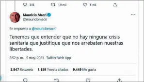  ?? CEDOC PERFIL CEDOC PERFIL ?? EXPRESARSE. El ex presidente Macri prefirió opinar por la red del pajarito.