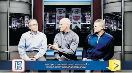  ??  ?? Sports editor Stu Cowan, centre, hosts the first episode of the new Hockey Inside/Out web show with guests Dave Stubbs, left, and Chris Nilan.