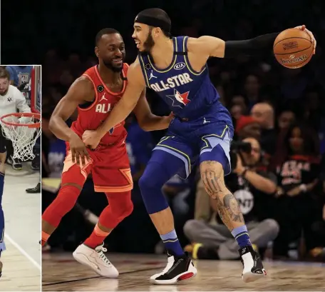  ?? GETTY IMAGES ?? TEAM OF RIVALS: Jayson Tatum of Team LeBron is guarded by Kemba Walker of Team Giannis at Sunday’s NBA All-Star Game at the United Center in Chicago. Left, Tatum goes in for the dunk.