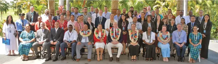  ?? Photo: Nicolette Chambers ?? Acting Permanent Secretary for Communicat­ions, Tupou’tuah Baravilala (front row, sixth from left) with Australian Ambassador for Cyber Affairs, Dr Tobias Feakin (front row, sixth from right), and Tonga’s Attorney-General, Linda Folaumoetu’i (front row, fifth from right) and delegates at the Fourth Annual Pacific Islands Law Officers’ Network (PILON) Cybercrime Workshop at the Tanoa Internatio­nal Hotel in Nadi on November 29, 2022.