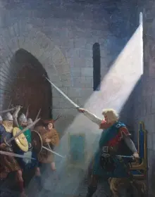  ??  ?? N.C. Wyeth (1882-1945), Wallace draws the King’s sword. Oil on canvas, 40 x 32 in., signed upper right: ‘Ncwyeth’; identified in a presentati­on plaque and on a label from Scribner’s Magazine, New York, affixed verso. Courtesy Skinner Inc. Estimate:...