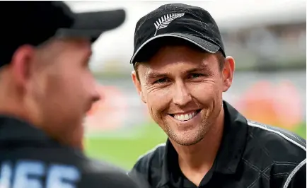  ??  ?? Black Caps swing bowler Trent Boult, right, had plenty to smile about after he was bought by the Kolkata Knight Riders for $NZ1.04 million