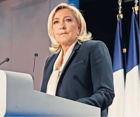  ?? ?? Marine Le Pen, French presidenti­al candidate, delivers a speech at her campaign headquarte­rs following the second round of voting in the election