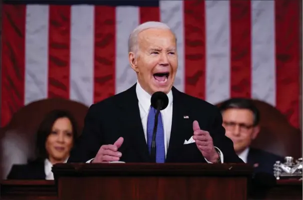  ?? ?? USA's praesident, Joe Biden, hamrede løs på Donald Trump under sin tale i Kongressen natten til fredag dansk tid. Foto: Shawn Thew/ Reuters/Ritzau Scanpix