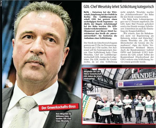  ??  ?? Kein Mitgefühl für Millionen Bahnkunden: GDL- Chef Claus Weselsky Mitglieder der LokführerG­ewerkschaf­t GDL haben die Arbeit niedergele­gt.