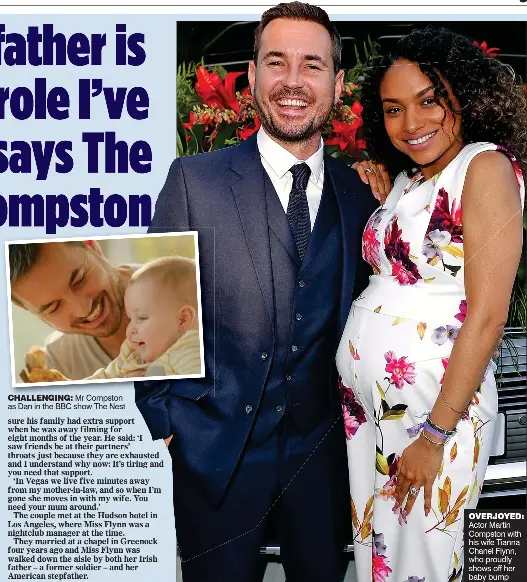  ??  ?? OVERJOYED: Actor Martin Compston with his wife Tianna Chanel Flynn, who proudly shows off her baby bump CHALLENGIN­G: Mr Compston as Dan in the BBC show The Nest