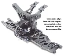  ??  ?? Monocoque-style front and rear suspension arms help reduce flex under load and increase durability.