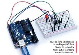  ??  ?? You’ll be using a breadboard in the Elegoo UNO Basic Starter Kit to take the hassle out of connecting external components.