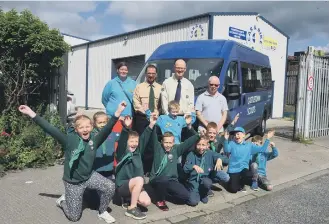  ??  ?? The 25th Sunderland (Castletown) scouts receive their repaired mini-bus with from left, Katherine Lavender, Sean Connelly, Alan Palmer and Graeme Moan. Below, some of the damaged to the van.