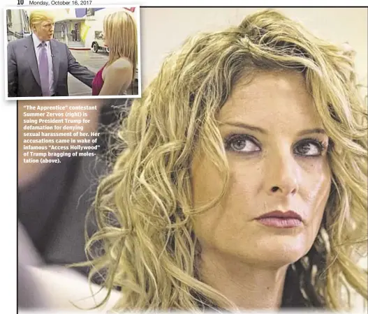  ??  ?? “The Apprentice” contestant Summer Zervos (right) is suing President Trump for defamation for denying sexual harassment of her. Her accusation­s came in wake of infamous “Access Hollywood” of Trump bragging of molestatio­n (above).