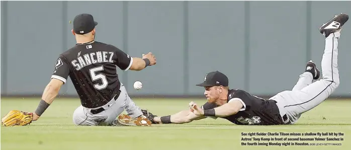  ?? BOB LEVEY/GETTY IMAGES ?? Sox right fielder Charlie Tilson misses a shallow fly ball hit by the Astros’ Tony Kemp in front of second baseman Yolmer Sanchez in the fourth inning Monday night in Houston.