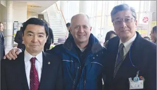  ?? Courtesy photo ?? Yuba City Mayor Shon Harris, middle, poses for a picture with Toride Mayor Shingo Fujii, left, and Vice Mayor Ryuichi Noguchi during a recent trip to Japan as part of the Sister Cities Internatio­nal program.
