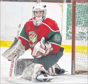  ?? JASON SIMMONDS/JOURNAL PIONEER ?? Kensington Monaghan Farms Wild goaltender Caleb Coyle follows the puck during Game 1 of the best-of-seven P.E.I. major midget hockey championsh­ip series against the Charlottet­own Bulk Carriers Pride in Kensington on March 2.