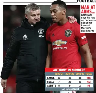  ??  ?? MAN AT ARMS… Solskjaer says he has no concerns about his forward Martial’s dip in form