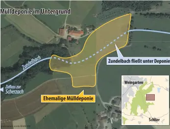  ?? KARTE: DAVID WEINERT/MAPS4NEWS/THERESA GNANN ?? Die Karte zeigt den Bereich der ehemaligen Müllhalde oberhalb von Weingarten in der Nähe des Zundelbach­er Hofes. Auf den Bildern ist links der Austrittsb­ereich, in der Mitte der Hang und rechts die Wiese über der alten Deponie zu sehen.