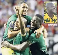  ?? FILE PHOTOS ?? Jamaica’s Joel McAnuff (left), Rodolph Austin (centre) and Je-Vaughn Watson celebrate after the Reggae Boyz qualified for the recent CONCACAF Gold Cup final.